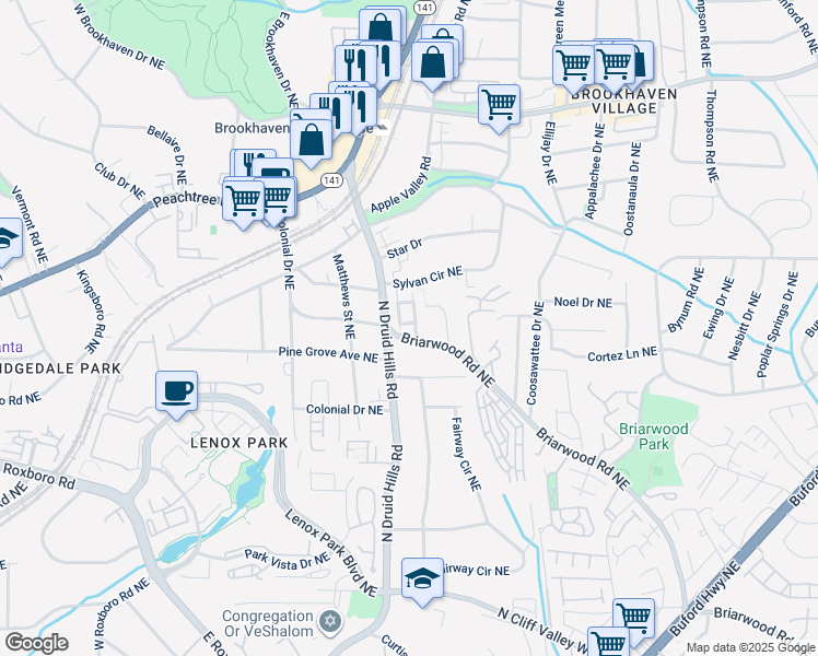 map of restaurants, bars, coffee shops, grocery stores, and more near in Brookhaven
