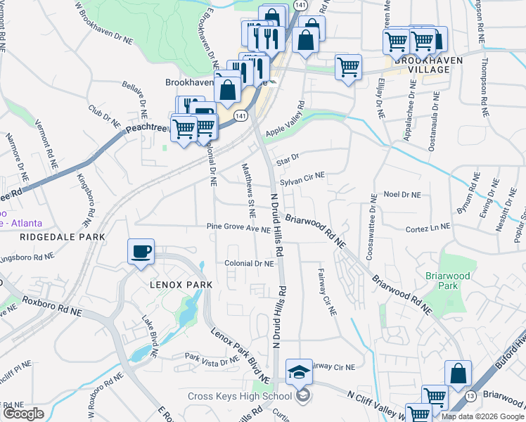 map of restaurants, bars, coffee shops, grocery stores, and more near 1191 Oglethorpe Avenue Northeast in Atlanta