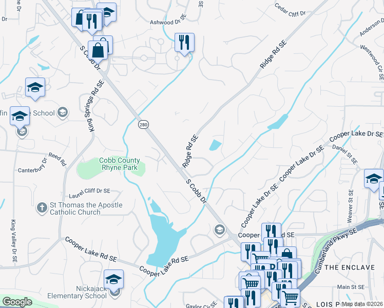 map of restaurants, bars, coffee shops, grocery stores, and more near 1545 King Arthur Court Southeast in Smyrna