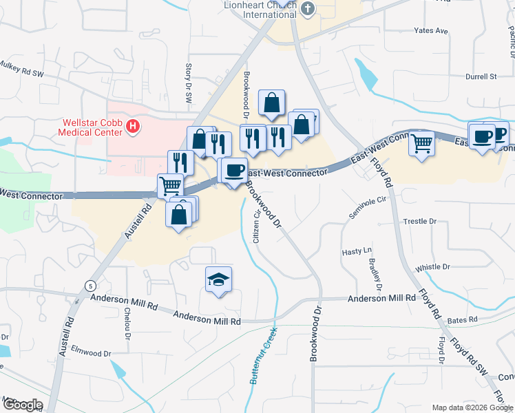 map of restaurants, bars, coffee shops, grocery stores, and more near 4086 Brookwood Drive in Austell