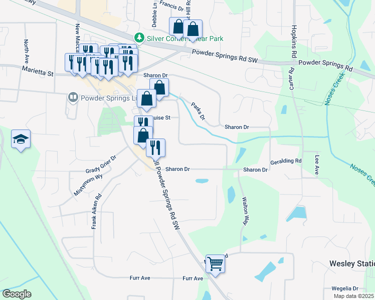 map of restaurants, bars, coffee shops, grocery stores, and more near 3761 Lindley Circle in Powder Springs