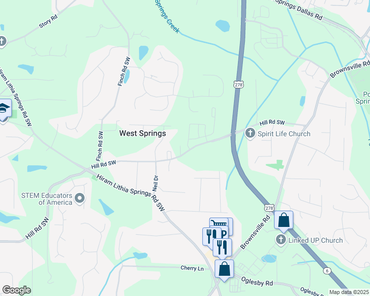map of restaurants, bars, coffee shops, grocery stores, and more near 4020 Hillmont Lane in Powder Springs