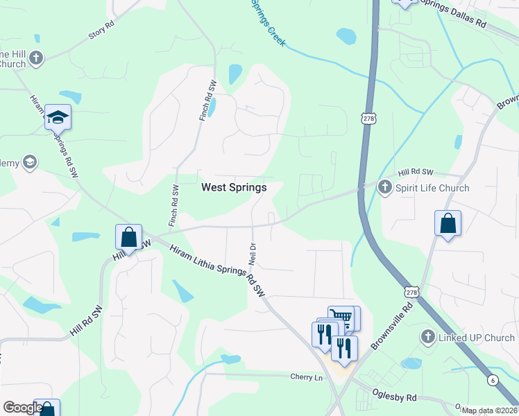 map of restaurants, bars, coffee shops, grocery stores, and more near 4195 Oak Springs Road in Powder Springs