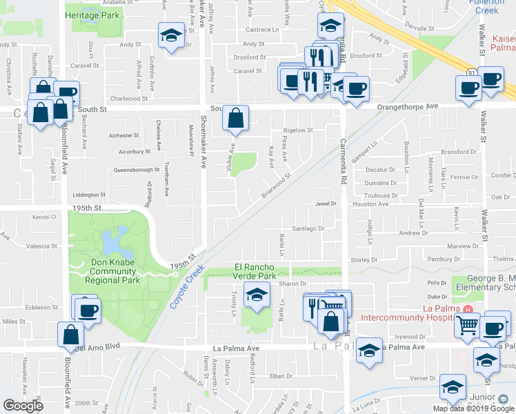 map of restaurants, bars, coffee shops, grocery stores, and more near 13140 Briarwood Street in Cerritos