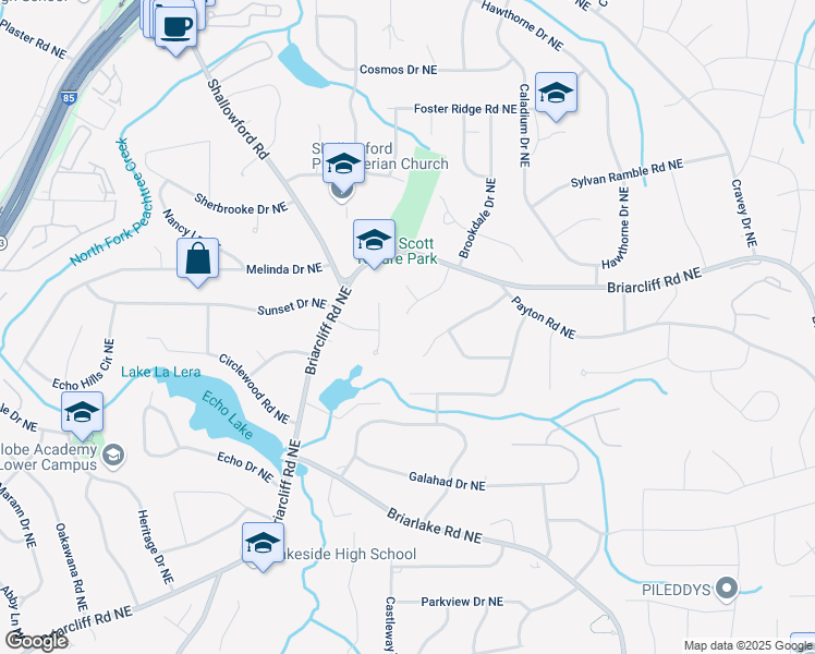 map of restaurants, bars, coffee shops, grocery stores, and more near 2358 Bradcliff Drive Northeast in Atlanta