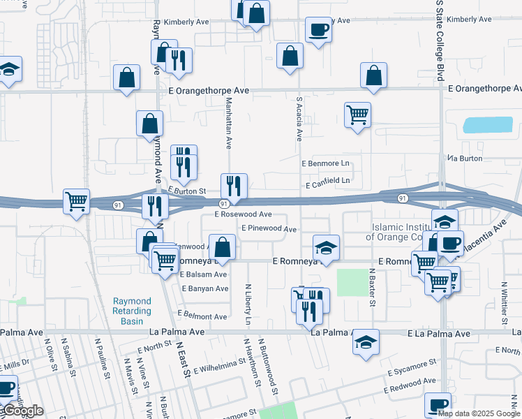 map of restaurants, bars, coffee shops, grocery stores, and more near 1435 East Rosewood Avenue in Anaheim
