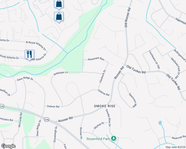map of restaurants, bars, coffee shops, grocery stores, and more near 5365 Antelope Lane in Stone Mountain