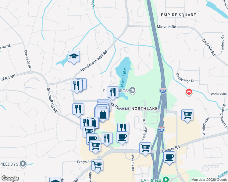 map of restaurants, bars, coffee shops, grocery stores, and more near 2325 Northlake Court Northeast in Atlanta