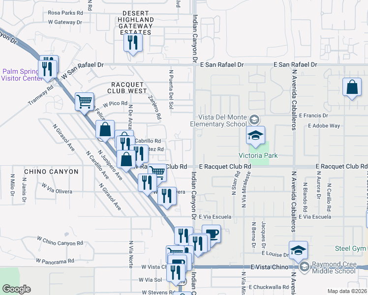map of restaurants, bars, coffee shops, grocery stores, and more near 130 West Racquet Club Road in Palm Springs