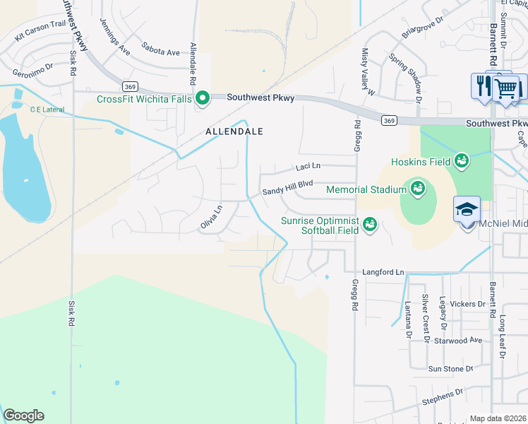 map of restaurants, bars, coffee shops, grocery stores, and more near 4-5 Libby Court in Wichita Falls