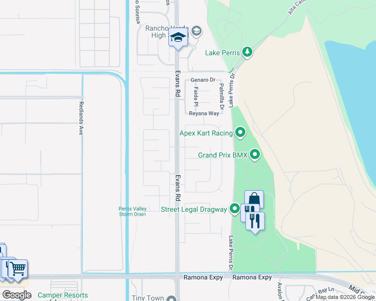 map of restaurants, bars, coffee shops, grocery stores, and more near 811 Anira Court in Perris