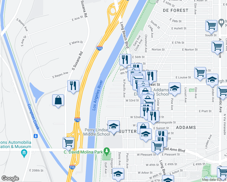 map of restaurants, bars, coffee shops, grocery stores, and more near 173 West Plymouth Street in Long Beach