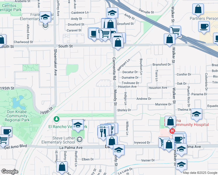 map of restaurants, bars, coffee shops, grocery stores, and more near 7501 Silverado Lane in La Palma