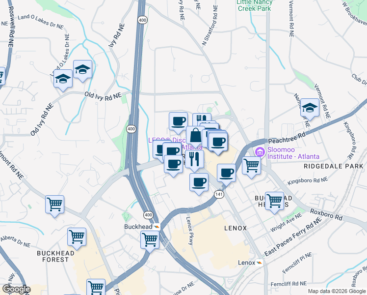 map of restaurants, bars, coffee shops, grocery stores, and more near 600 Phipps Boulevard Northeast in Atlanta
