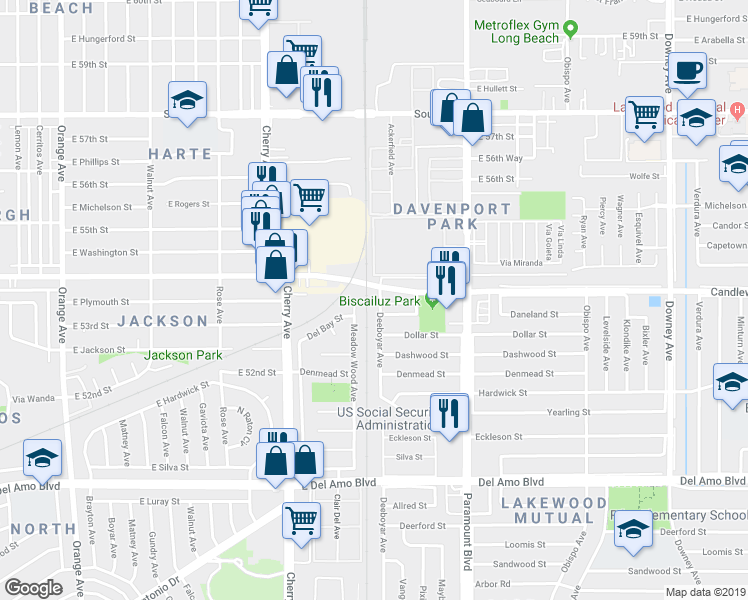 map of restaurants, bars, coffee shops, grocery stores, and more near 5269 Deeboyar Avenue in Lakewood