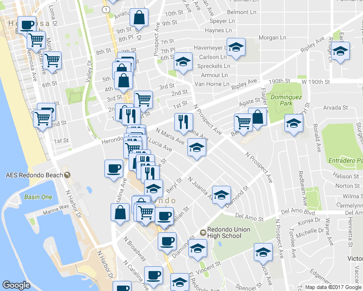 map of restaurants, bars, coffee shops, grocery stores, and more near 801 North Maria Avenue in Redondo Beach