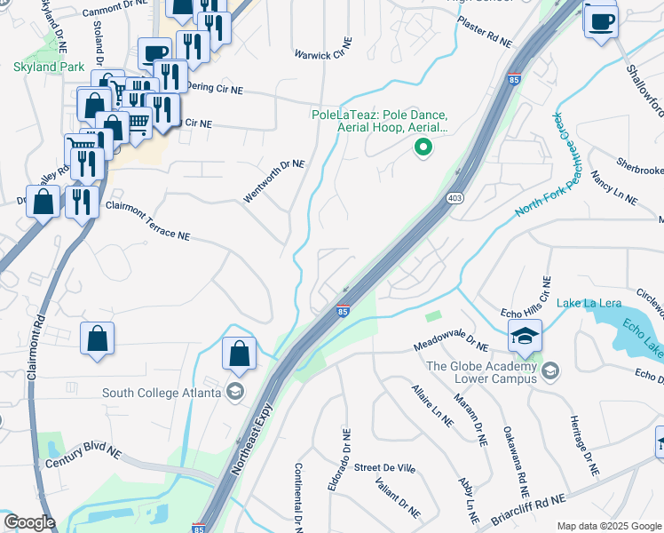 map of restaurants, bars, coffee shops, grocery stores, and more near 17301 Skyline Lane Northeast in Atlanta