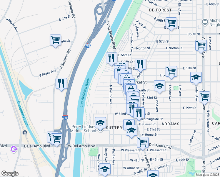 map of restaurants, bars, coffee shops, grocery stores, and more near 5363 North Pacific Avenue in Long Beach