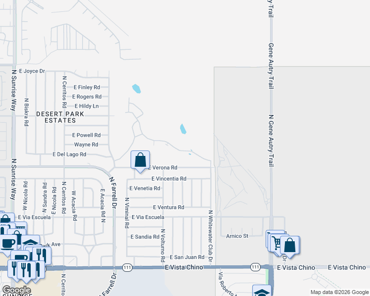 map of restaurants, bars, coffee shops, grocery stores, and more near 2504 North Whitewater Club Drive in Palm Springs