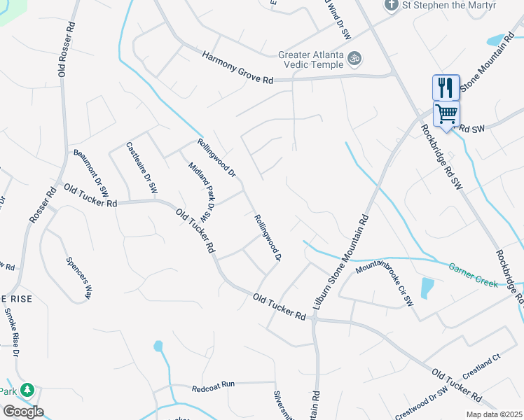 map of restaurants, bars, coffee shops, grocery stores, and more near 628 Rollingwood Drive in Stone Mountain