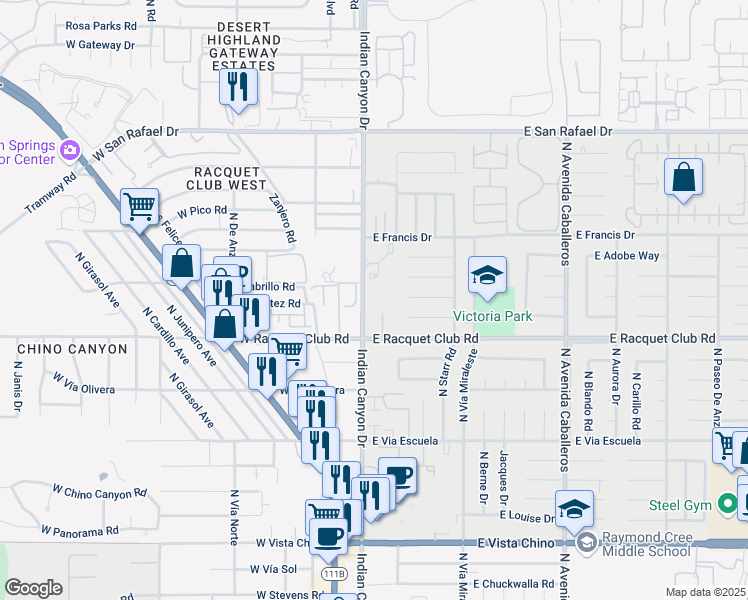 map of restaurants, bars, coffee shops, grocery stores, and more near 200 East Racquet Club Road in Palm Springs