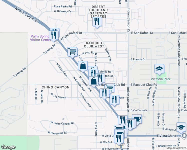 map of restaurants, bars, coffee shops, grocery stores, and more near 2693 Paragon Loop in Palm Springs