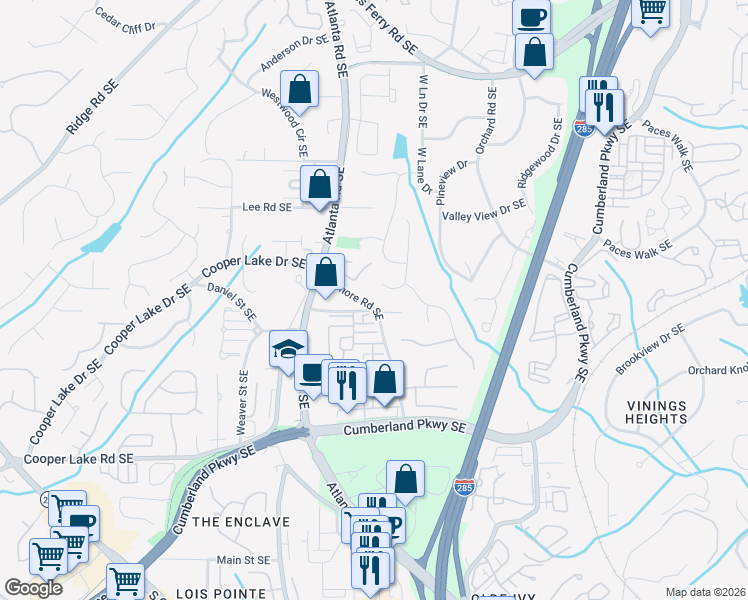 map of restaurants, bars, coffee shops, grocery stores, and more near 4107 Gilmore Road Southeast in Smyrna