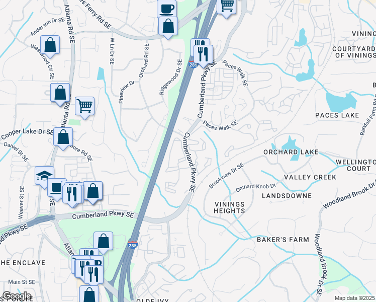 map of restaurants, bars, coffee shops, grocery stores, and more near 2152 Cumberland Parkway Southeast in Atlanta