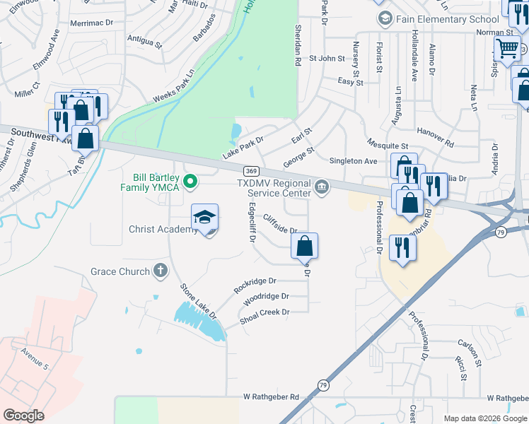 map of restaurants, bars, coffee shops, grocery stores, and more near 1718 Cliffside Drive in Wichita Falls