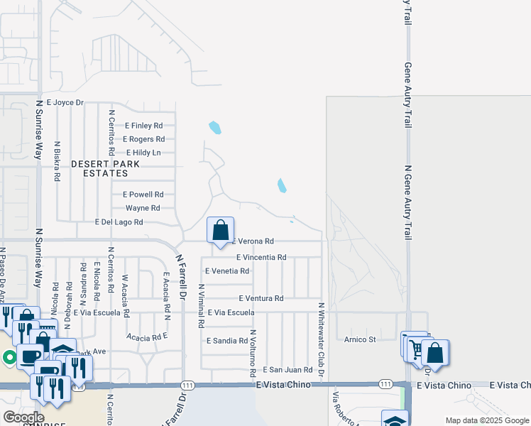 map of restaurants, bars, coffee shops, grocery stores, and more near 2522 North Whitewater Club Drive in Palm Springs