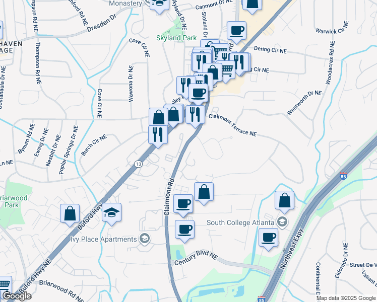 map of restaurants, bars, coffee shops, grocery stores, and more near 3283 Clairmont North Northeast in Atlanta