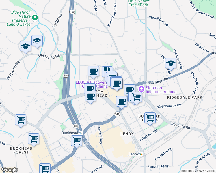 map of restaurants, bars, coffee shops, grocery stores, and more near 3500 Peachtree Road Northeast in Atlanta