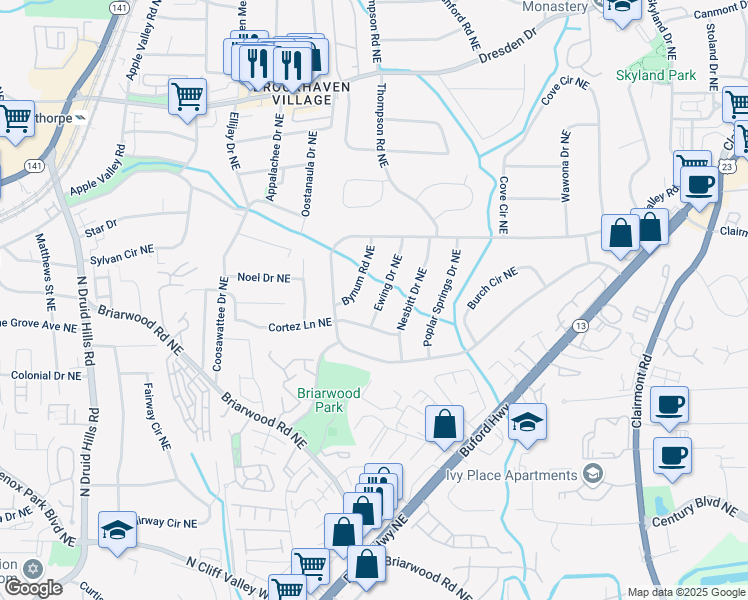 map of restaurants, bars, coffee shops, grocery stores, and more near 2332 Ewing Drive Northeast in Atlanta