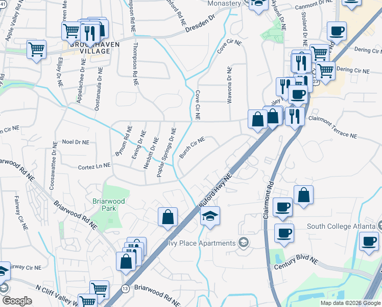 map of restaurants, bars, coffee shops, grocery stores, and more near 2329 Burch Circle Northeast in Atlanta