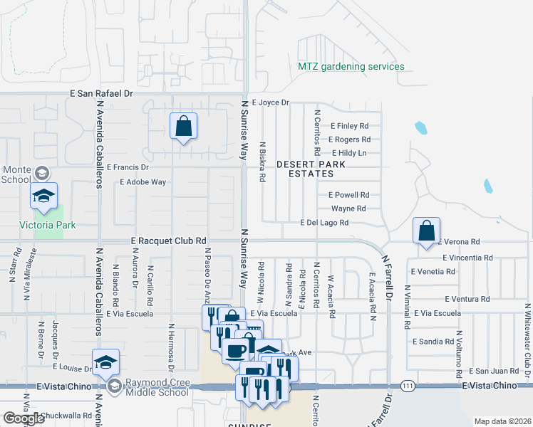 map of restaurants, bars, coffee shops, grocery stores, and more near 2645 North Biskra Road in Palm Springs