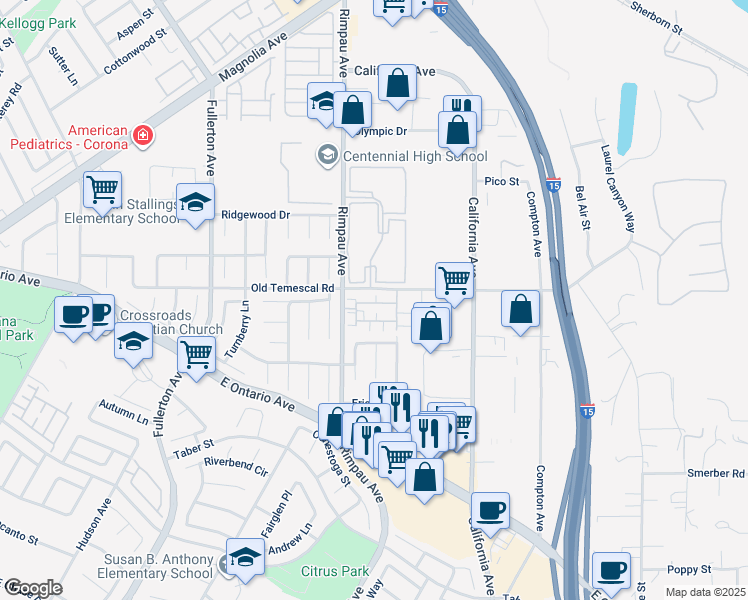 map of restaurants, bars, coffee shops, grocery stores, and more near 1121 San Marino Court in Corona
