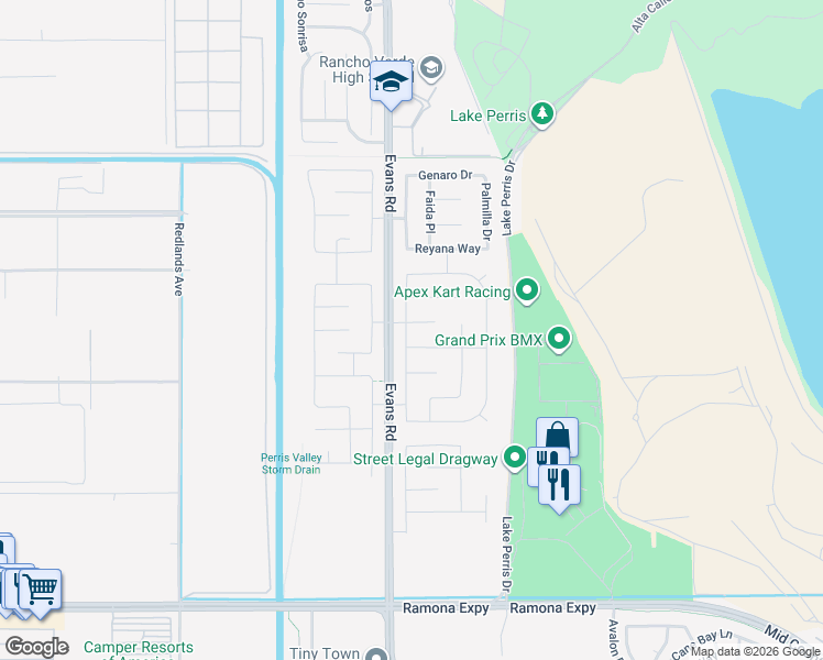 map of restaurants, bars, coffee shops, grocery stores, and more near 811 Anira Court in Perris