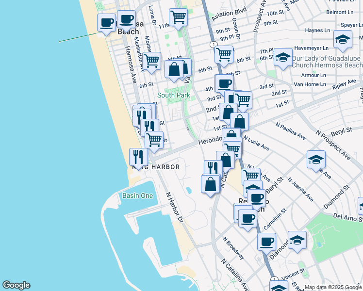 map of restaurants, bars, coffee shops, grocery stores, and more near 415 Herondo Street in Hermosa Beach