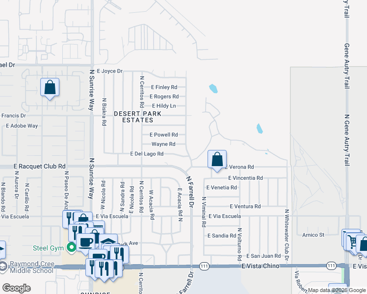 map of restaurants, bars, coffee shops, grocery stores, and more near 2599 North Farrell Drive in Palm Springs