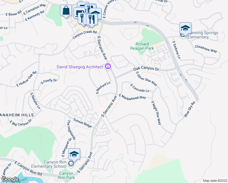 map of restaurants, bars, coffee shops, grocery stores, and more near 8209 East Marblehead Way in Anaheim