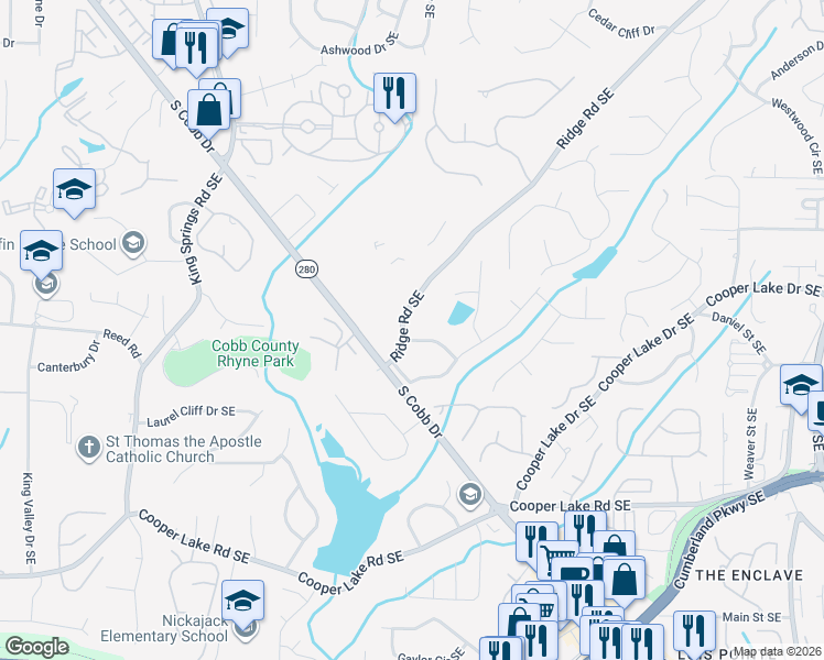 map of restaurants, bars, coffee shops, grocery stores, and more near 1545 King Arthur Court Southeast in Smyrna