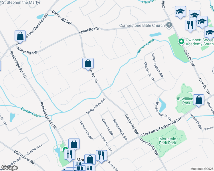 map of restaurants, bars, coffee shops, grocery stores, and more near 5129 Rocky Hill Drive Southwest in Lilburn