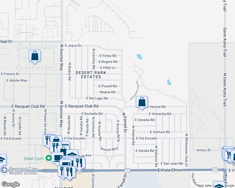 map of restaurants, bars, coffee shops, grocery stores, and more near 2435 Wayne Road in Palm Springs
