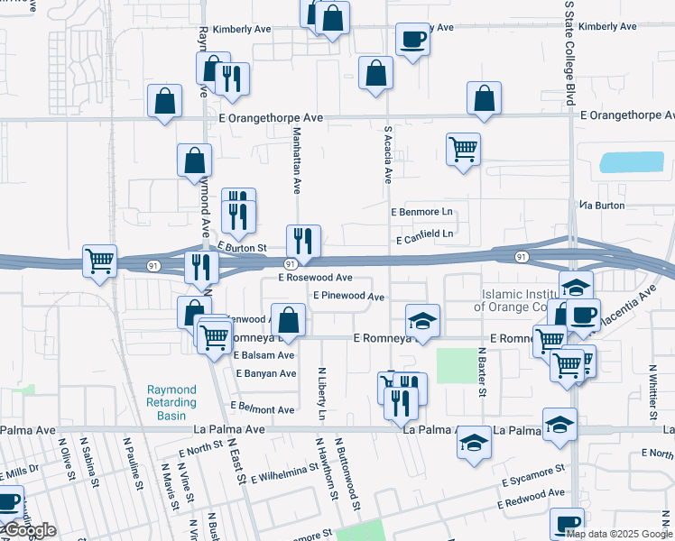 map of restaurants, bars, coffee shops, grocery stores, and more near 1435 East Rosewood Avenue in Anaheim
