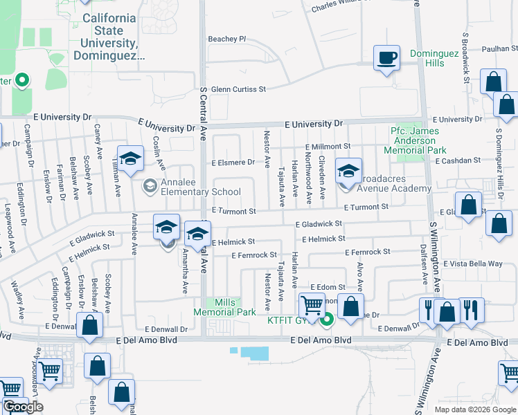 map of restaurants, bars, coffee shops, grocery stores, and more near 19438 Hillford Avenue in Carson