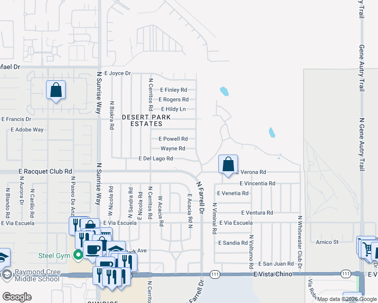 map of restaurants, bars, coffee shops, grocery stores, and more near 2599 North Farrell Drive in Palm Springs