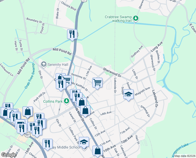 map of restaurants, bars, coffee shops, grocery stores, and more near 510 16th Avenue in Conway