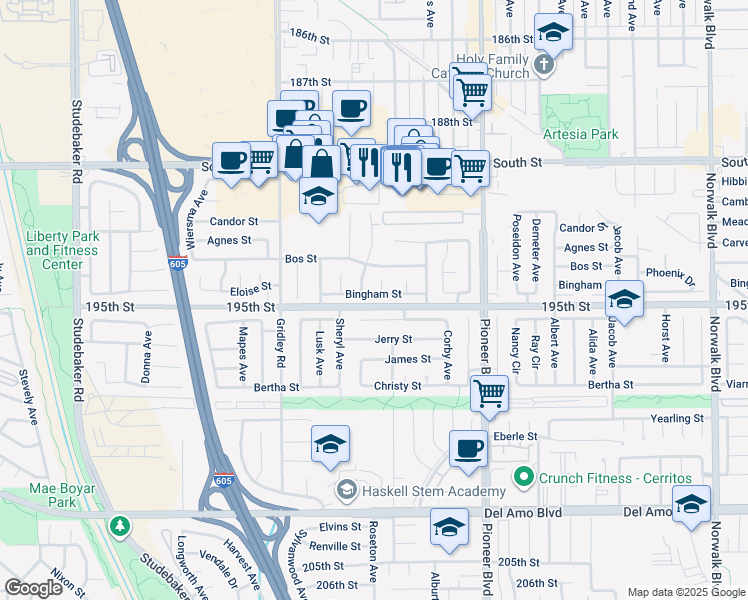 map of restaurants, bars, coffee shops, grocery stores, and more near 11564 Bingham Street in Cerritos