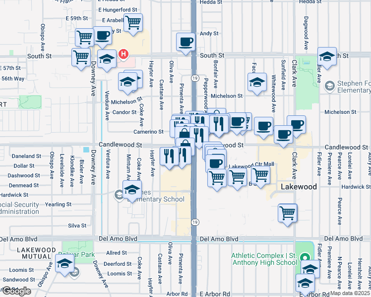 map of restaurants, bars, coffee shops, grocery stores, and more near in Lakewood