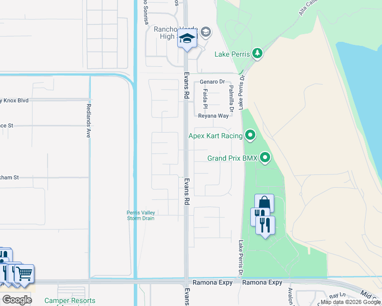 map of restaurants, bars, coffee shops, grocery stores, and more near 4484 Almaterra Drive in Perris